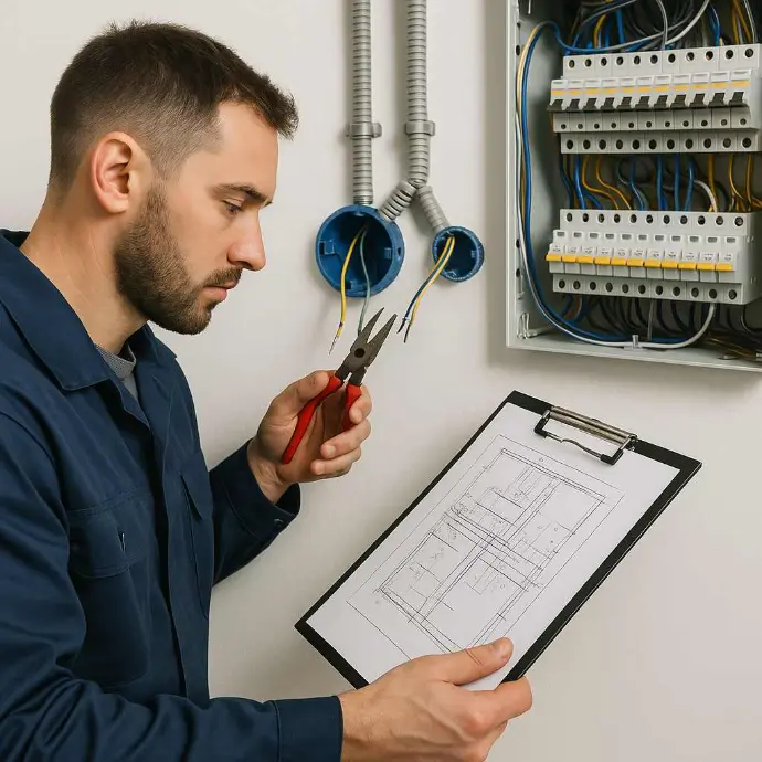 Elektriker überprüft Elektroschaltplan und installiert Leitungen an einem Schaltschrank in Hall in Tirol