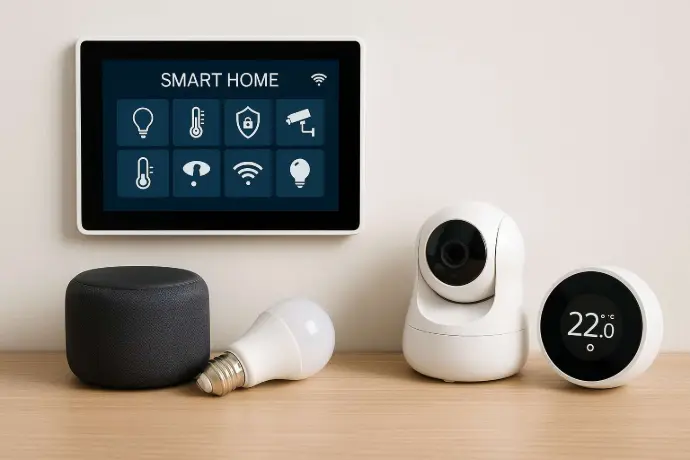 Smart-Home-Geräte wie Sprachassistent, Sicherheitskamera, Thermostat und Steuerpanel in einem modernen Haushalt in Hall in Tirol