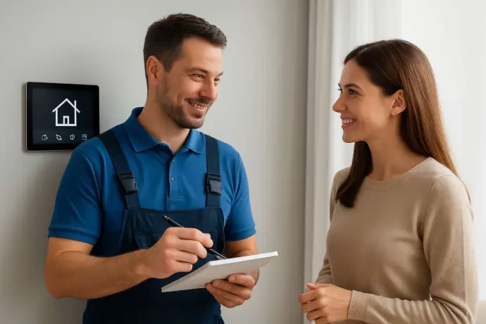 echniker berät Kundin zu Smart-Home-Lösungen in modernem Wohnraum in Hall in Tirol