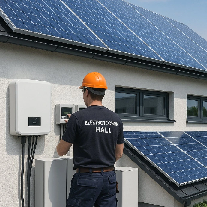 PV-System mit Speicher, Wechselrichter und sauberer Installation von Elektrotechnik Hall.